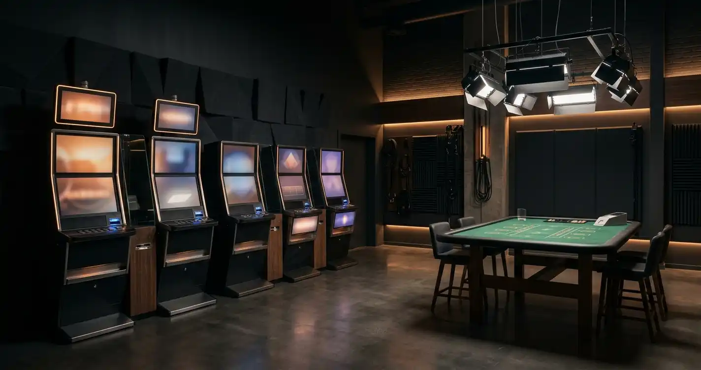 En stiliserad rad spelautomater bredvid ett belyst bord i en tom spelstudio
